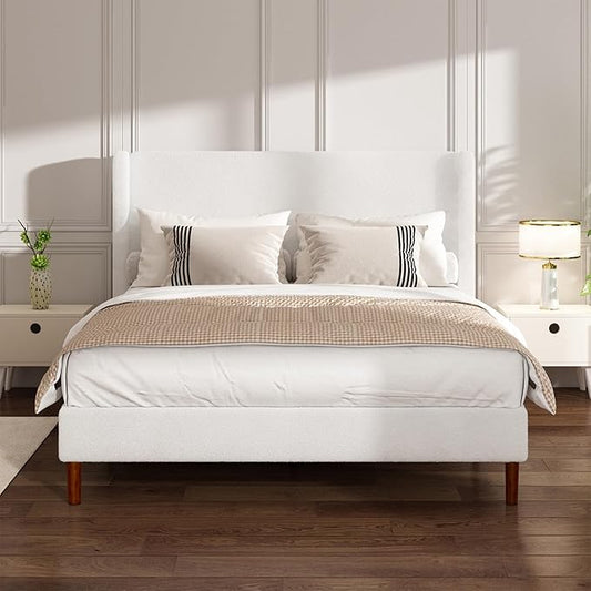 Queen Boucle Bed Frame, Platform Bed with Upholstered Wingback Headboard, Strong Wooden Slats Support, Noise-Free, Easy Assembly, No Box Spring Needed, White
