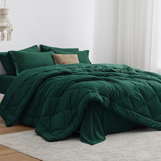 Love's cabin King Size Comforter Set Dark Green, 7 Pieces King Bed in a Bag, All Season Bedding Sets with 1 Comforter, 1 Flat Sheet, 1 Fitted Sheet, 2 Pillowcase and 2 Pillow Sham | Soft, Breathable, Lightweight, Comfortable