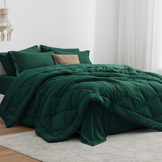 Love's cabin California King Comforter Set Dark Green, 7 Pieces California King Bed in a Bag, All Season Bedding Sets with 1 Comforter, 1 Flat Sheet, 1 Fitted Sheet, 2 Pillowcase and 2 Pillow Sham | Soft, Breathable, Lightweight, Comfortable
