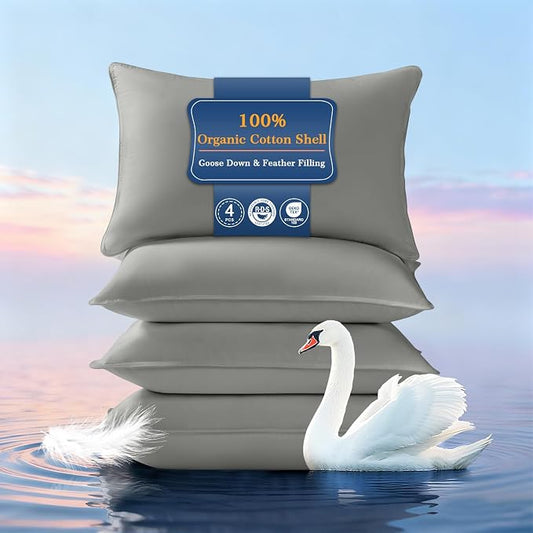 Goose Down Pillows Queen Size Set of 4, Hotel Quality Bed Pillow for Sleeping 4 Pack, 900 Fill Power Natural White Goose Feather Pillows with 700 TC 100% Organic Cotton Shell, 18"x30" Dark Grey
