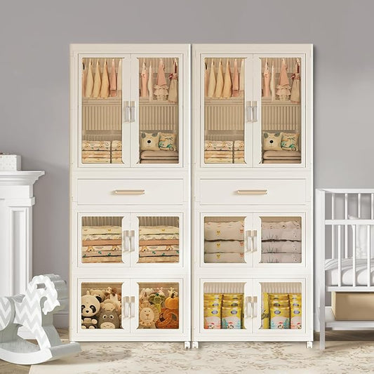 Portable Kids Wardrobe Closet with Doors, Plastic Baby Wardrobe Storage Cabinet with Hanging Rod Children's Clothes Closet Costume Storage Organizer (1 Pack)