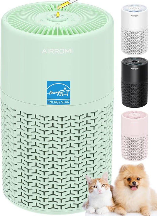 AIRROMI Pets Air Purifier for Home Allergies,Up to 660 ft². HEPA Deodorizing Activated Carbon Filter,With Fragrance Sponge for Better Sleep,Night Light,Pet Dander,Smoke,Odors,Air Cleaner A2002 Green