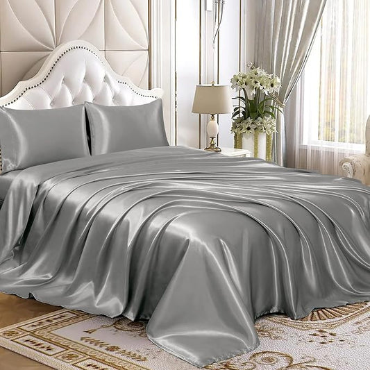 Homiest 3pcs Satin Sheets Set Luxury Silky Satin Bedding Set with Deep Pocket, 1 Fitted Sheet + 1 Flat Sheet + 1 Pillowcase (Twin Size, Light Grey)