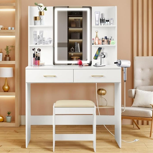 QUALIKRAFT Lighted Makeup Vanity Desk with Power Outlet & Stool, White Dressing Table with LED Mirror, with Drawers, 6 Shelves for Bedroom Organization, Gift for Women