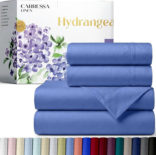 Carressa Linen 100% Egyptian Cotton Full Size Sheets - 600 Series Hydrangeas Collection Full Size Egyptian Cotton Sheets (4 PC, Deep Blue), 16" Deep Pocket Sateen Weave Luxury Hotel Bed Sheet Set