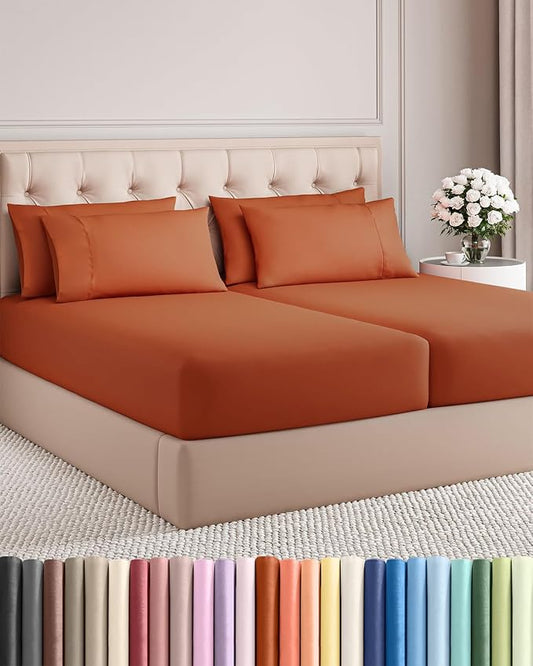 Split King 7 Piece Sheet Set - Comfy, Breathable & Cooling - Soft Hotel Luxury Bedding for Women, Men, Kids, Teens & Children - 1 Flat & 2 Fitted Sheets & 4 Pillowcases w/ Deep Pockets - Terracotta