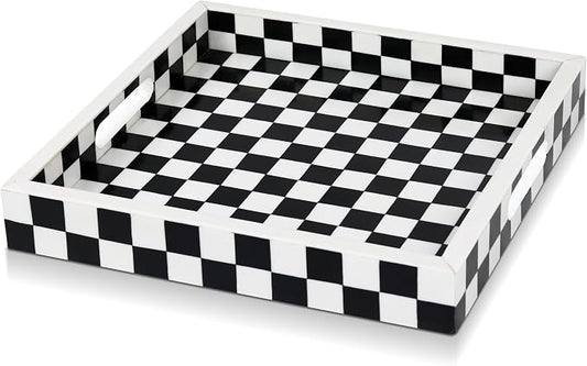 Handicrafts Home 12x12 Decorative Serving Tray, Black and White Checkered Resin Inlay Tray, Square Coffee Table Ottoman Tray for Living Room, Kitchen, Guest Tray Entertaining and Display Centerpiece