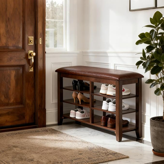 PY HOME & SPORTS Shoe Rack for Entryway 23.6": 3-Tier Shoe Storage Bench, Adjustable/Removable Shelves, Rubberwood Shoe Benches for Hallway, Porch, Bathroom, Brown