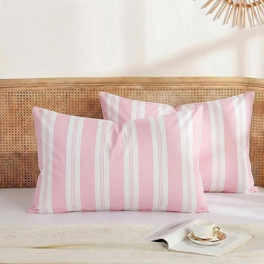 Merryword Pink Striped Pillowcases, 100% Cotton Pillow Cases, Standard Size Pillowcases, Luxury Linen Like Pillowcase, Soft Breathable Stripe Pillow Covers, Set of 2