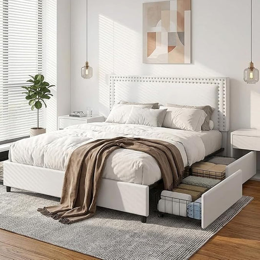 VECELO Full Size Upholstered Bed Frame with 4 Storage Drawers, Adjustable Velvet Rivet Decor Headboard, Wooden Slats Platform Support, No Box Spring Needed, Easy Assembly,White