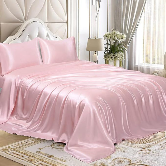 Homiest 4pcs Satin Sheets Set Luxury Silky Satin Bedding Set with Deep Pocket, 1 Fitted Sheet + 1 Flat Sheet + 2 Pillowcases (King Size, Blush Pink)