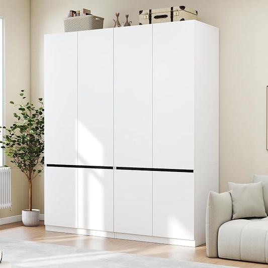 White Armoire Wardrobe Closet: 74" Large Wardrobe Closet with 4 Doors, Wood Closets Cabinet for Hanging Clothes, Freestanding Bedroom Armoires (63 in-4 Doors)