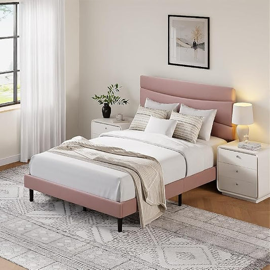 GarveeHome Full Modern Upholstered Bed Frame with Soft Padded Headboard,Sturdy Metal Steel Slat Support, Noise-Free Quiet Design,Easy Assembly,Heavy Duty Stable Bed Frame(Pink)
