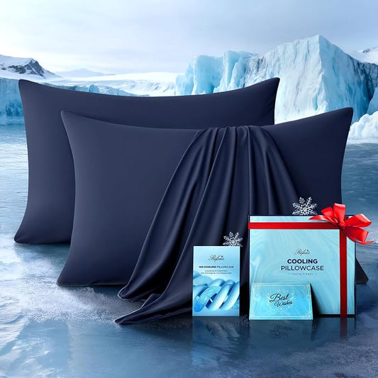 Ultra-Chill Cooling Pillowcase Set of 2 for Hot Sleepers, Softer Than Silk Pillow Cases for Protecting Hair & Skin, Breathable Bed Pillow Covers w/Zipper, Gifts for Women Men (Navy Blue, Queen)