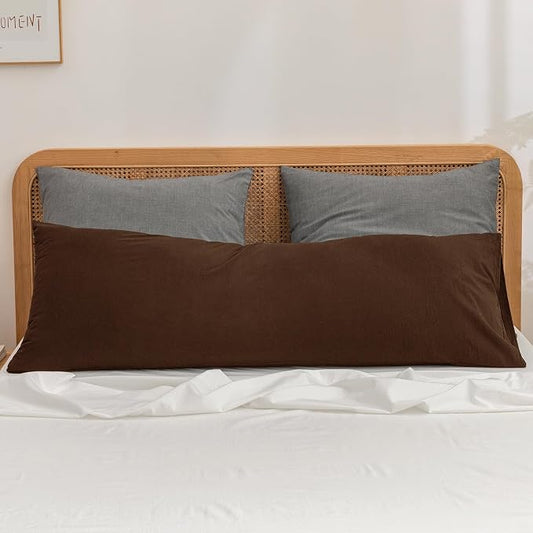 BESTOUCH 100% Washed Cotton Pillowcase for Hair and Skin Linen Feel Soft Comfortable Breathable 1 Pcs Pillow Case with Envelope Closure Solid Cocoa Brown Body 20x54 Inches