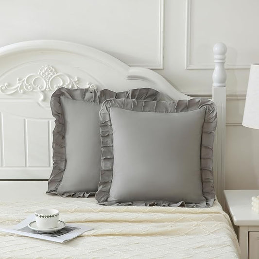 Merryword Light Gray Pillowcases 18x18 Throw Pillow Covers Pack of 2 Soft Microfiber Ruffle Decorative Pillowcase Cushion for Couch Sofa Bedroom
