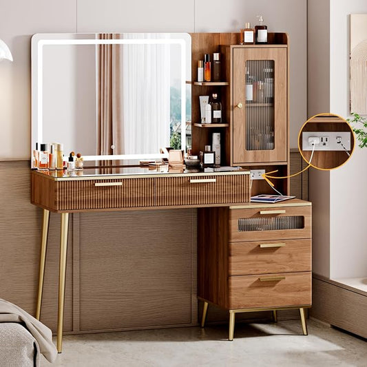 Arulvmrn Vanity Desk with 29.53" HD Lighted Mirror, 47.24" Big Modern Vanity Desk with Mirror and Lights, Makeup Vanity with 5 Drawers and Storage Shelves and Charging Station,Brown