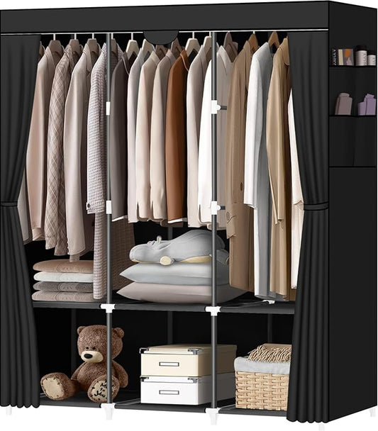 LOKEME Portable Closet, Portable Closets for Hanging Clothes with 3 Hanging Rods and 6 Storage Shelves and 4 Side Pockets, Black Wardrobe Closet Easy to Assemble and Strong and Stable