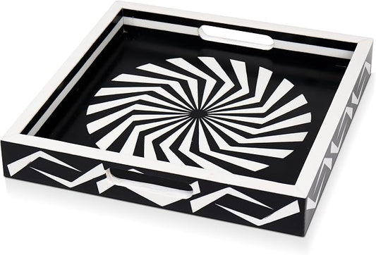 Handicrafts Home 12x12 Ottoman Tray with Handles, Black White Decorative Tray, Resin Inlay Coffee Table Tray for Living Room Decor, Modern Geometric Illusion Optic Pattern Square Serving Tray