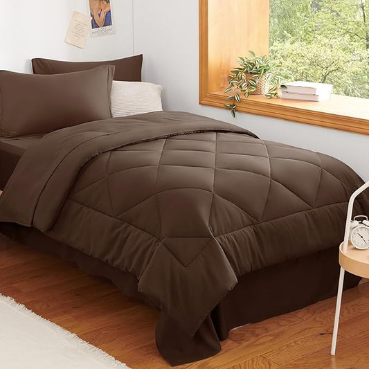 CozyLux Twin Comforter Set with Sheets Brown - 5 Pieces Bed in a Bag Twin, All Season Bed Set for Girls and Boys, Bedding Set with Down Alternative Comforter, Sheets, Pillowcase & Sham