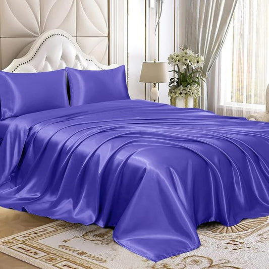 Homiest 4pcs Satin Sheets Set Luxury Silky Satin Bedding Set with Deep Pocket, 1 Fitted Sheet + 1 Flat Sheet + 2 Pillowcases (Full Size, Periwinkle Blue)
