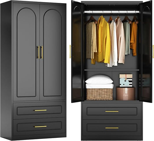 71" Metal Armoire Wardrobe Closet with Doors, Tall Wardrobe Cabinet with 2 Drawers, Hanging Rod and Adjustable Shelves, Black Clothing Storage Cabinets for Bedroom, Home Office