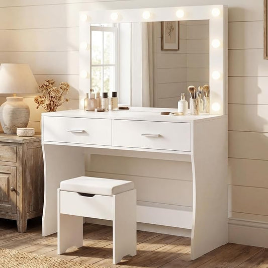 YESHOMY Vanity Desk with Mirror,Makeup Vanity Table with 11 Adjustable Lights and 2 Spacious Drawers,3 Lighting Modes with Control&Soft-Padded Storage Stool,Modern Bedroom Vanity Set, White