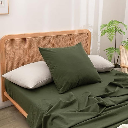 BESTOUCH 100% Washed Cotton Pillowcase for Hair and Skin Linen Feel Soft Comfortable Breathable 2 Set Pillow Case with Envelope Closure Solid Olive Green Euro 26x26 Inches