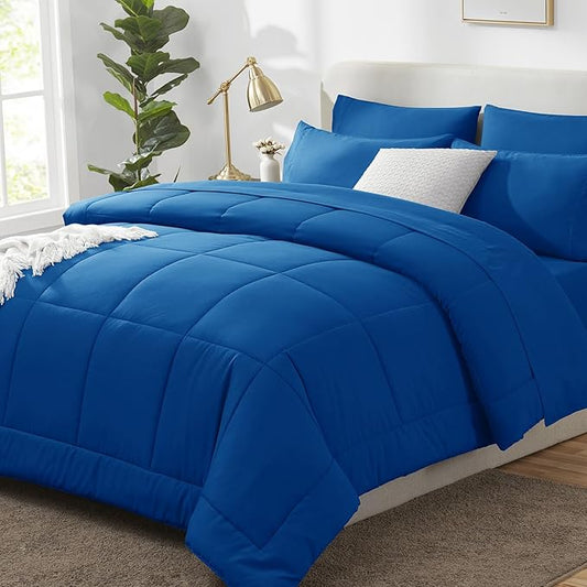 CozyLux Full Size Comforter Sets Classic Blue, 7 Pieces Bed in a Bag, Blue Comforter Full Size, All Season Bedding Sets with Stitch Quilted Comforter, Flat Sheet, Fitted Sheet, Pillowcases
