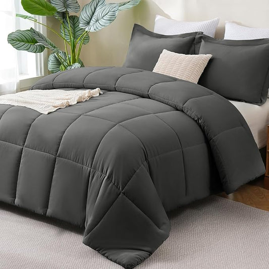 CozyLux Full Size Comforter Sets - 270GSM Dark Grey Bedding Sets for All Seasons, 3 Pieces Box Stitched Bed Set with 1 Down Alternative Comforter and 2 Pillow Shams, Soft, Lightweight, Breathable