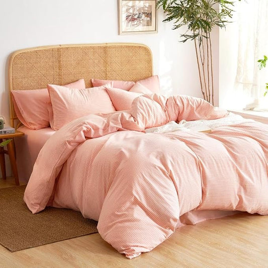 Wake In Cloud - Striped Cotton Duvet Cover Set, 100% Washed Cotton Textured Percale Bedding Set, Ticking Stripe Pinstripe Farmhouse, 3 Pieces, Light Pink, Full Size