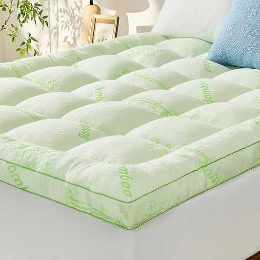 Memory Foam Mattress Topper - Viscose Made from Bamboo Pillow Top Thick Full Size Mattress Pad for Back Pain, Ultra Soft & Cooling for Hot Sleepers, 6-18'' Deep Pocket, Green