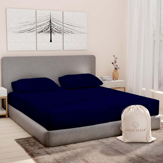 Good Sleep Bedding Split King Sheets for Adjustable Bed, 5 Piece, 100% Egyptian Cotton Sheet & Pillowcase Sets, Sateen Weave, Ultra-Soft, 16" Deep Pocket Adjustable Bed Sheets - Navy Blue