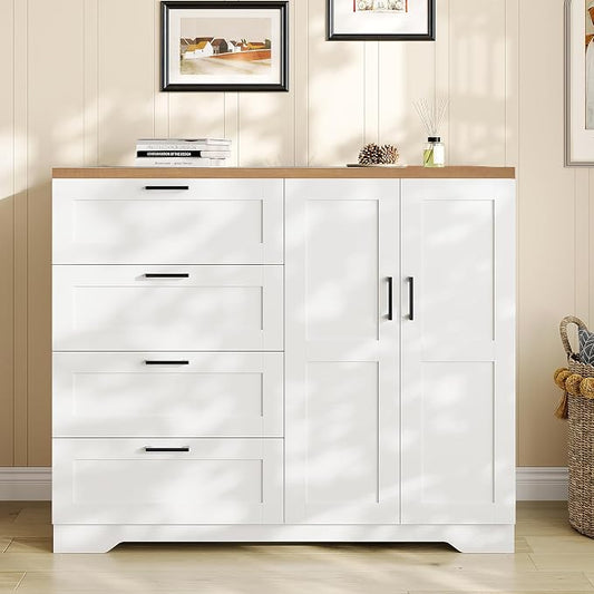 GarveeHome Multifunctional Wooden Dresser for Bedroom, 43.3 in H 2 Door Wardrobe Armoire Closet with 4 Drawers and Hanging Rod, Low Storage Cabinet for Hanging Cloth, White