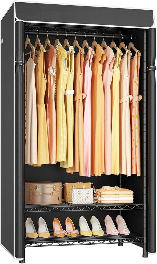 ULIFHOME H5C Clothes Rack with Cover, Portable Closet for Hanging Clothes, Covered Clothing Racks Heavy Duty, Garment Racks with Shelves, Max Load 360LBS, Black Closet Rack with Black Cover