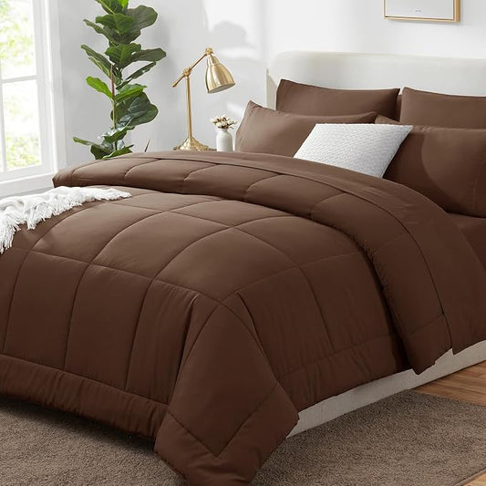 CozyLux Oversized Queen Comforter Sets Brown, 7 Pieces Bed in a Bag, Ultra-Soft All Season Bedding Sets with Stitch Quilted Comforter, Flat Sheet, Fitted Sheet, Pillowcases