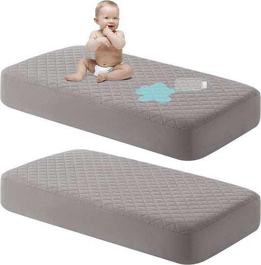 NTBAY 2 Pack Waterproof Crib Mattress Protector, Quilted 28"x52" Toddler Fitted Sheet - Machine Washable - Soft and Breathable Mattress Pad Cover for Crib, Nursery, Daycare, Cot, Smoke Grey