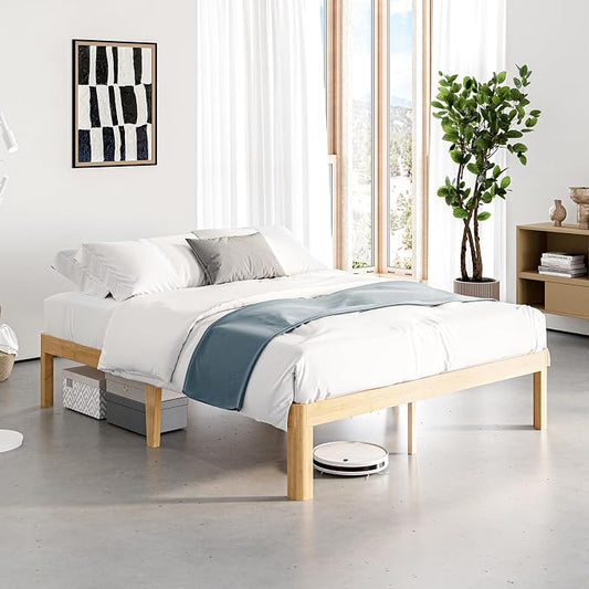 14 Inch High Bamboo Wood Full Size Bed Frame Platform, Metal Slat Support Bed Frame Full Size, No Box Spring Needed, Easy Assembly, Noise Free, Reinforced