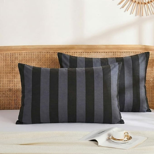 Merryword Standard Size Pillowcases, 100% Cotton Pillow Cases, Black and Gray Striped Pillowcases, Soft Breathable Wide Stripe Pillow Covers, Set of 2