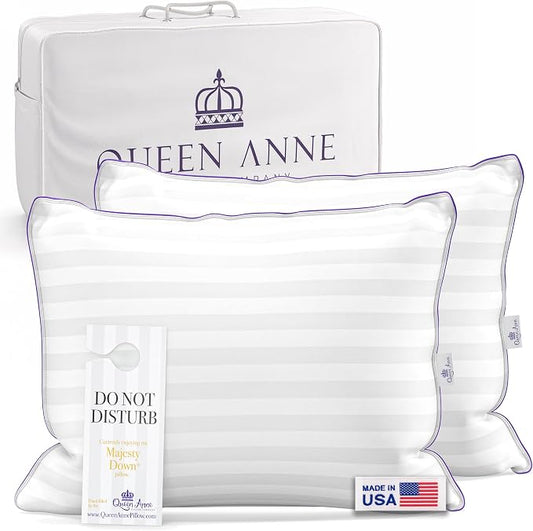 Queen Anne Hotel Pillows Standard Size Bed Pillows for Sleeping, Set of 2 – Adjustable Luxury Down Alternative for Side & Back Sleepers, Medium Support, Cooling, Hypoallergenic, Made in USA
