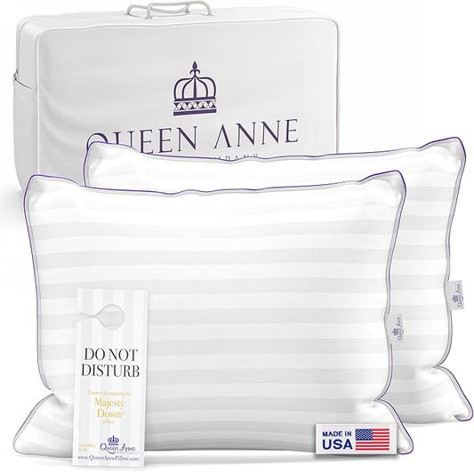 Queen Anne Hotel Pillows Queen Size Bed Pillows for Sleeping, Set of 2 – Adjustable Luxury Down Alternative for Side & Back Sleepers, Soft Support, Cooling, Hypoallergenic, Made in USA