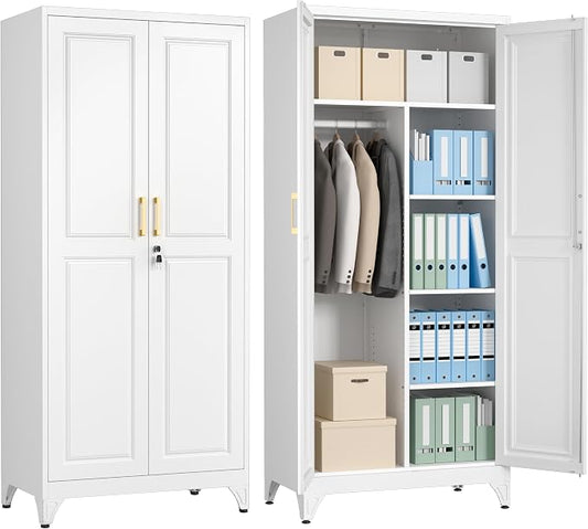 Polup Metal Armoire Wardrobe Closet with Doors, 71" Tall Wardrobe Cabinet with Lock, Hanging Rod and 3 Adjustable Shelves, Steel Clothing Storage Cabinet for Bedroom, Home Office, Employee, Gym, White