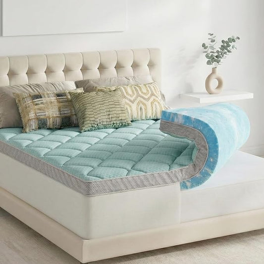Novilla Dual Layer Memory Foam Mattress Topper with Cooling Mattress Pad Cover for Hot Sleeper, Gel Memory Foam Back Pain Relief, Breathable & Certi-Safe, Queen