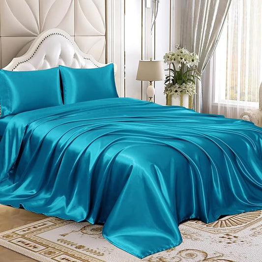 Homiest 4pcs Satin Sheets Set Luxury Silky Satin Bedding Set with Deep Pocket, 1 Fitted Sheet + 1 Flat Sheet + 2 Pillowcases (Full Size, Turquoise)
