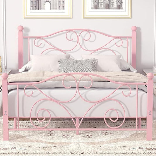 VECELO Queen Size Bed Frame with Headboard and Footboard, Heavy Duty Metal Slat Support, Platform Mattress Foundation, No Box Spring Needed, Easy Assembly, Light Pink