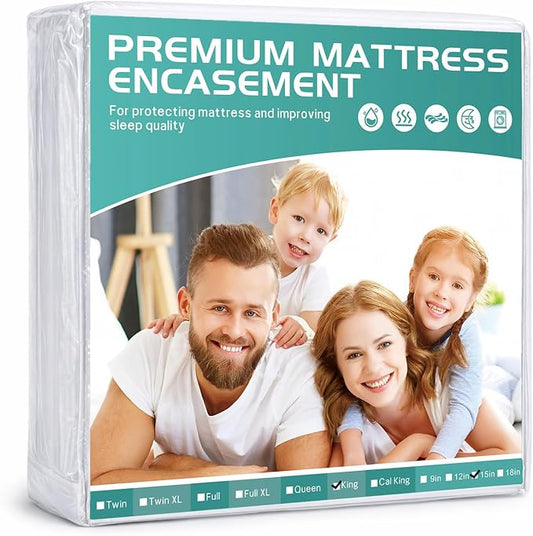 76"x80" King Mattress Protector Cover Fits 9-12" Deep, Waterproof Mattress Encasement Cover with Premium Breathable Soft Terry Top Fiber for Your King Size Bed