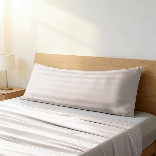 100% Egyptian Cotton Body Pillow Cover Long Pillow Case, 600 Thread Count Bed Pillow Protector with Zipper, Sateen Weave Full Body Pillowcase for Adults 20x54 Inches (1PC, Body, Striped Light Beige)