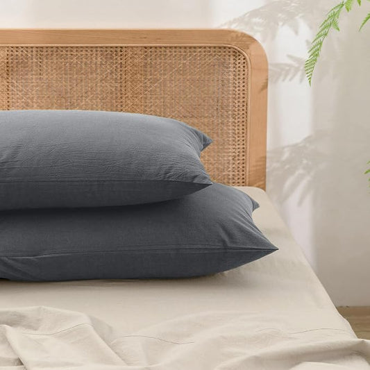 BESTOUCH 100% Washed Cotton Pillowcase for Hair and Skin Linen Feel Soft Comfortable Breathable 2 Set Pillow Case with Envelope Closure Solid Quiet Shade Grey Euro 26x26 Inches