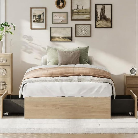IDEALHOUSE Twin Bed Frame with 2 Storage Drawers, Wooden Bed Frame Without Headboard, Minimalist Floor Platform Bed, Wood Slat Support, Noise Free, No Box Spring Needed, Easy Assembly