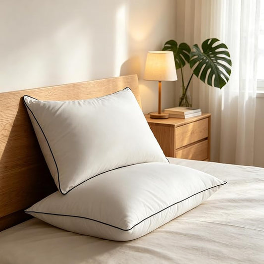 Down Pillows Standard Size Set of 2, Breathable Cotton Blend Shell Cover, Luxury Hotel Collection Bed Pillows for Sleeping, Fluffy Soft Medium Firm Down Fiber Pillows for Side Back Stomach Sleepers